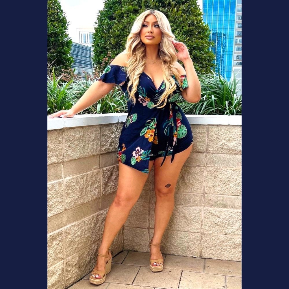 NEW FASHION NOVA VIDETTE Navy Blue Floral Side Tie Romper.
